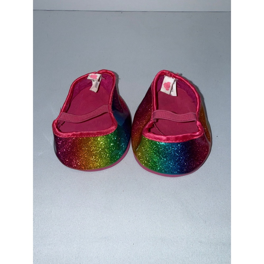 Build A Bear‎ Rainbow Glitter Flats Plush Doll Shoes Pink Elastic Strap B-A-B